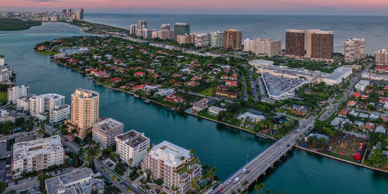 Aerial view of Bal Harbour and Bay harbor Islands Bridge from Bay Harbor Islands.
