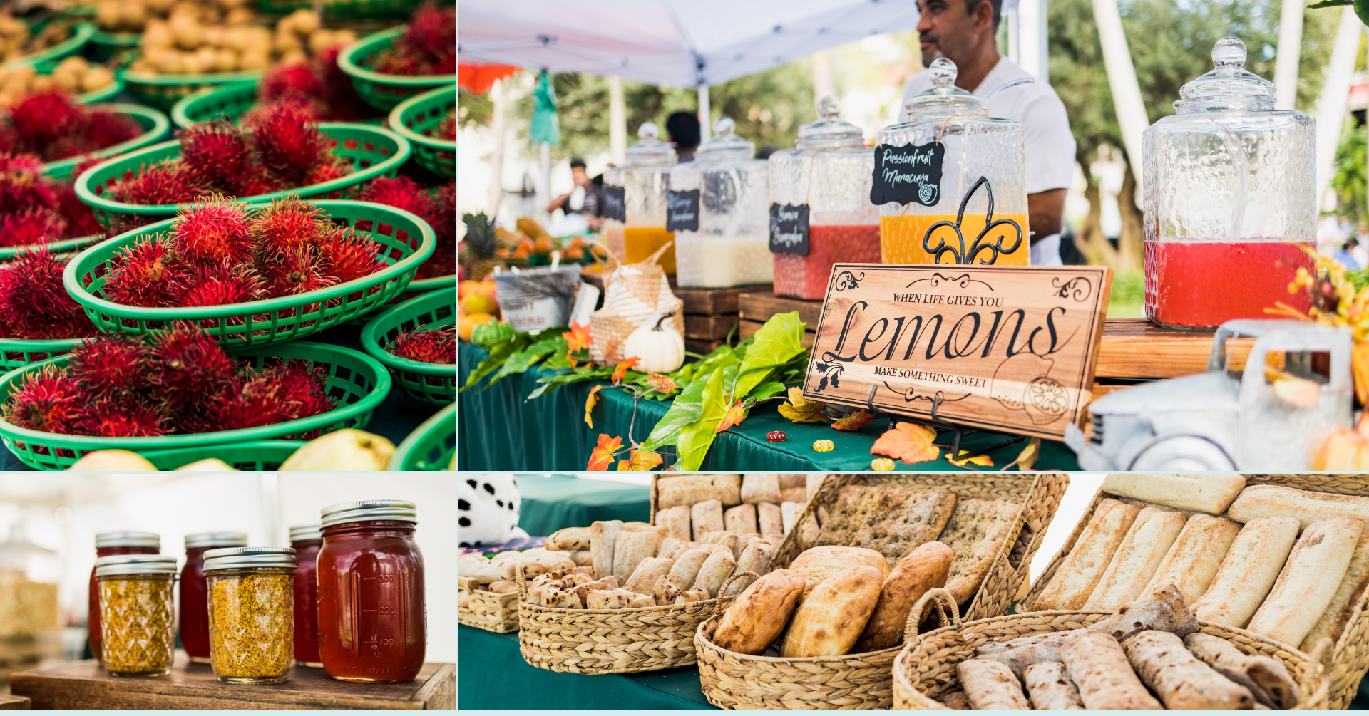 Fresh produce, honey, jams, fresh juice, and artisanal breads.