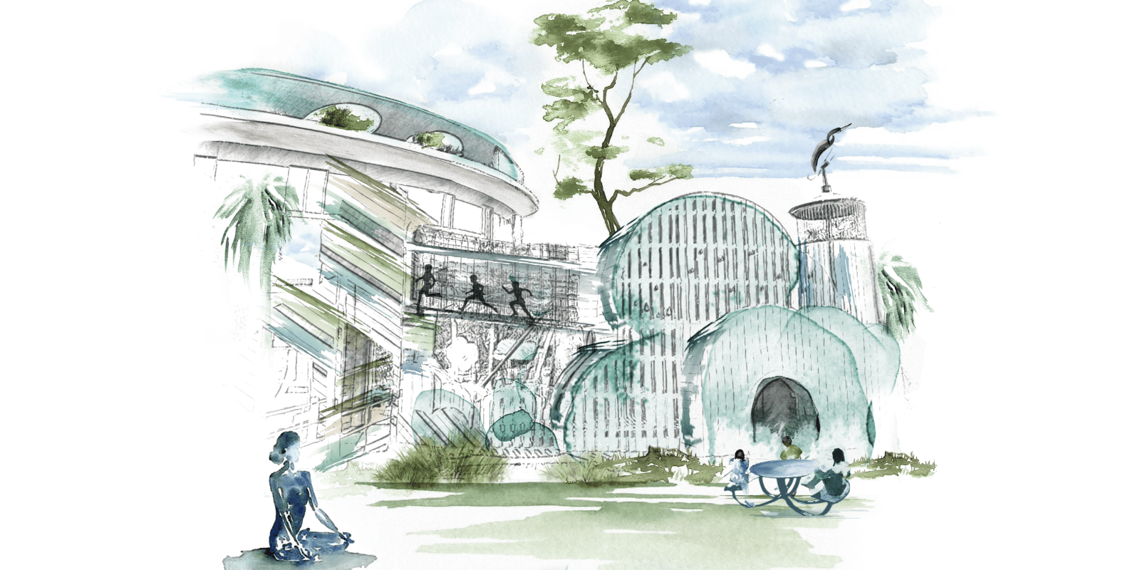 Sketchbook and watercolor rendering of the Bal Harbour Waterfront Park