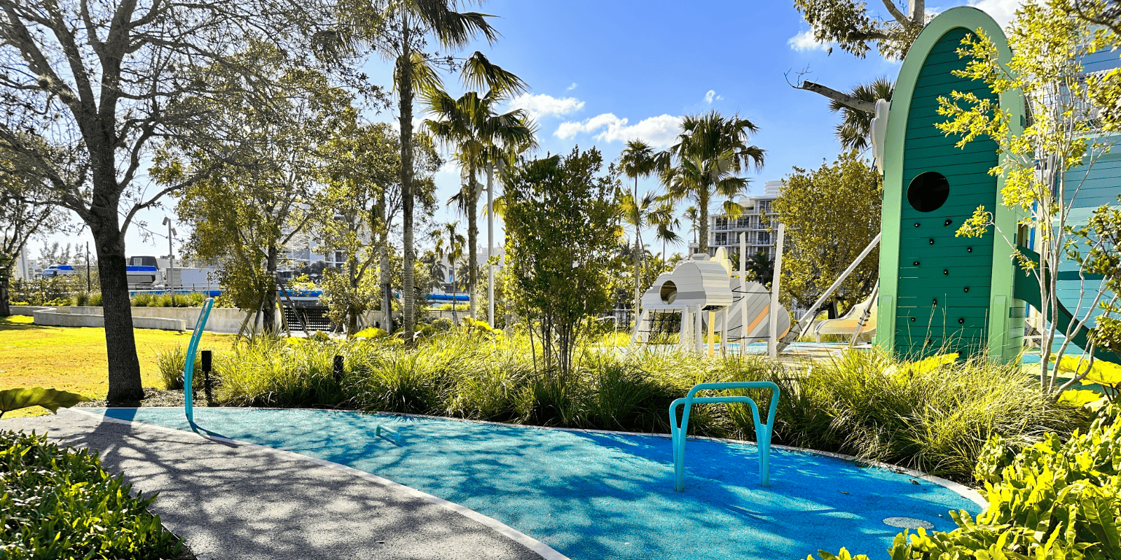 View of the fitness stations and playground at the Bal Harbour Waterfront Park.