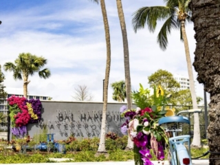 COMPRESSEDFleursDeVilles2024_65 (1) The back end of a blue bike with flowers all around it. The Bal Harbour sign is across the street in the background, aswell as palm trees.