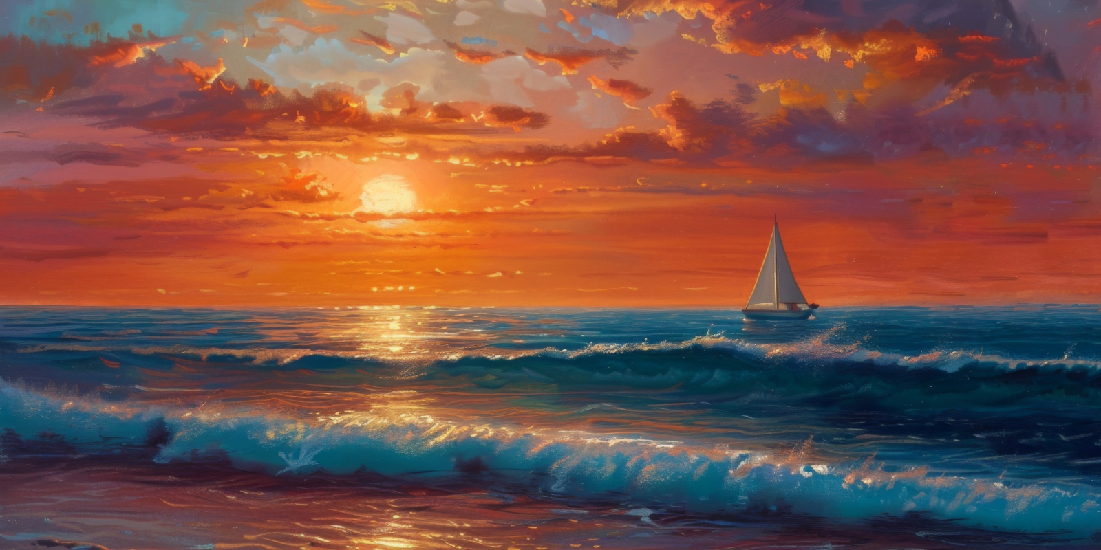 Sunset on the beach with a sailing boat at the beach.