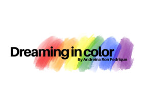 Dreaming in Color logo with the text written out in black over brushstrokes in a rainbow gradient color. 