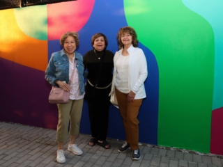 DIC3Compressed Three women posing for the camera in front of wall art at the Dreaming in Color Exhibit.