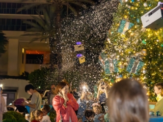 IMG_6034-Enhanced-NR-min Children and women smiling and cheering as the holiday tree lit up and faux snow is falling on to them.