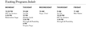 Monday through Friday week schedule of classes.