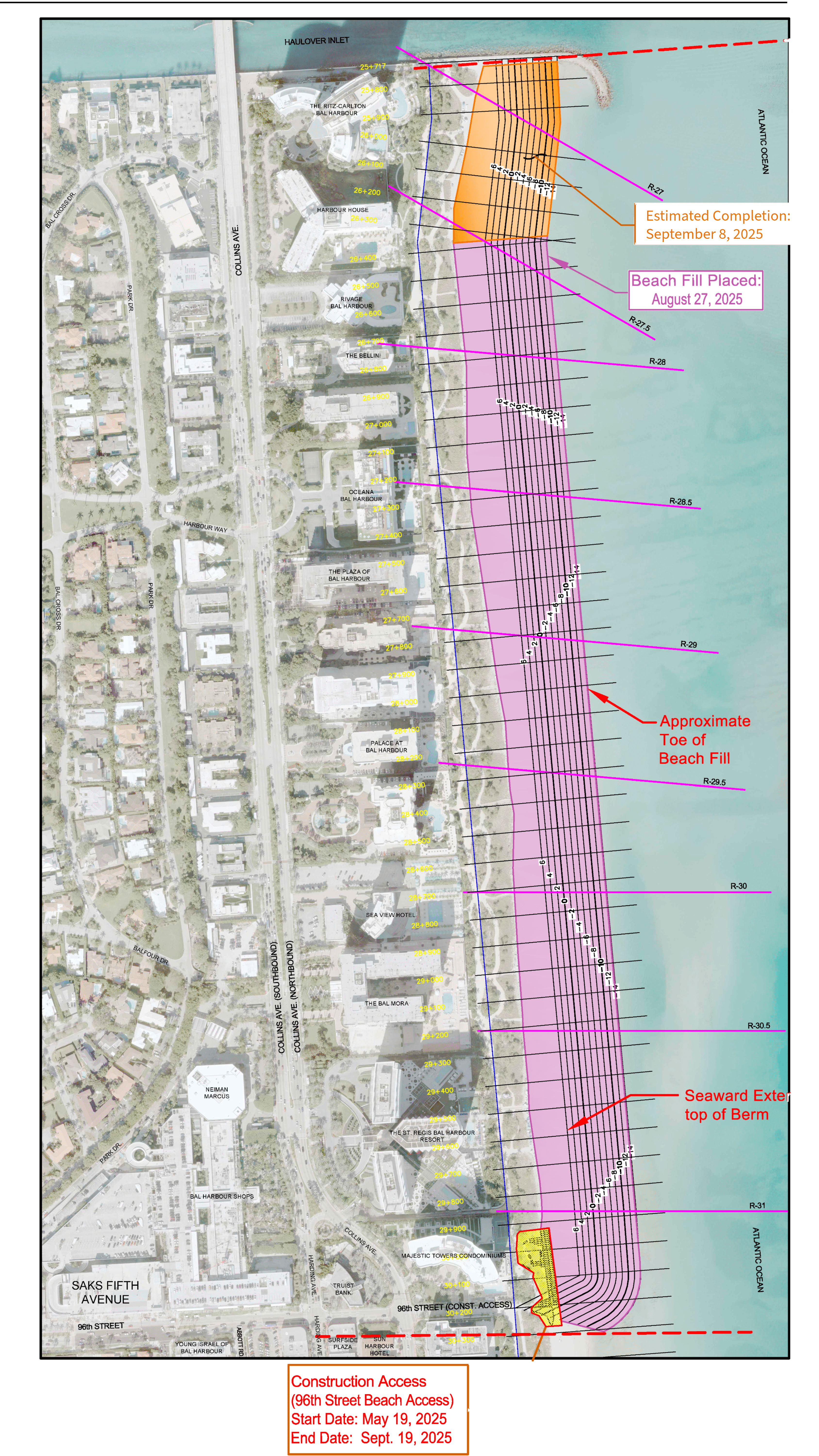Map illustrating a beach development project. It shows construction stages, labeled areas, and timeline projections along a waterfront.