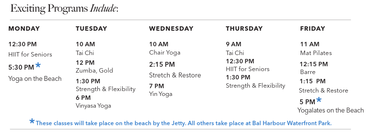 Weekly fitness schedule featuring various classes. Highlights include yoga on the beach on Monday and Yogalates on Friday. Beach classes by the Jetty.