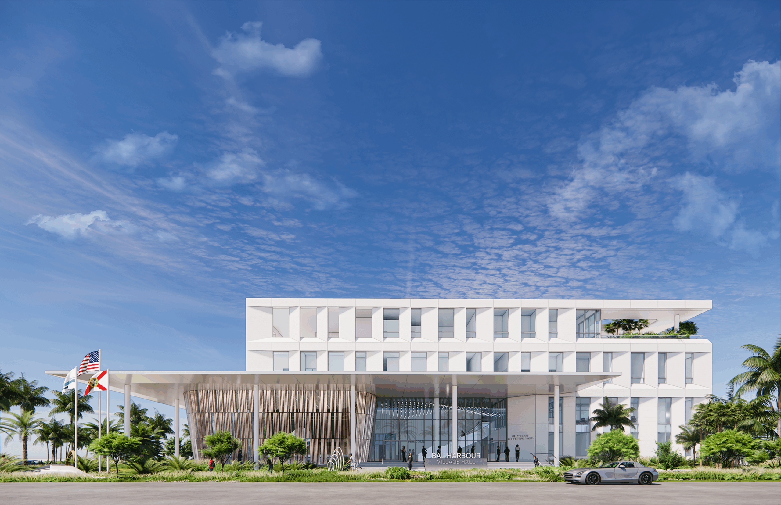 Modern four-story building with a sleek white facade, bordered by palm trees. U.S. and Florida flags wave in front. Clear blue sky above, creating an elegant atmosphere.