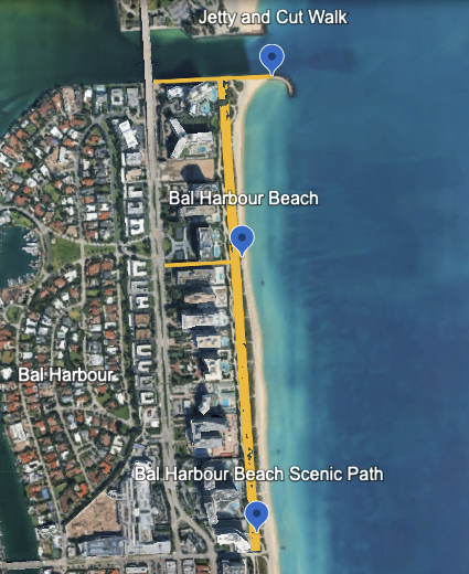 Aerial map showing Bal Harbour Beach, the scenic path along the ocean, and the nearby residential areas. Markers indicate the Jetty and Cut Walk. Calm and inviting tone.