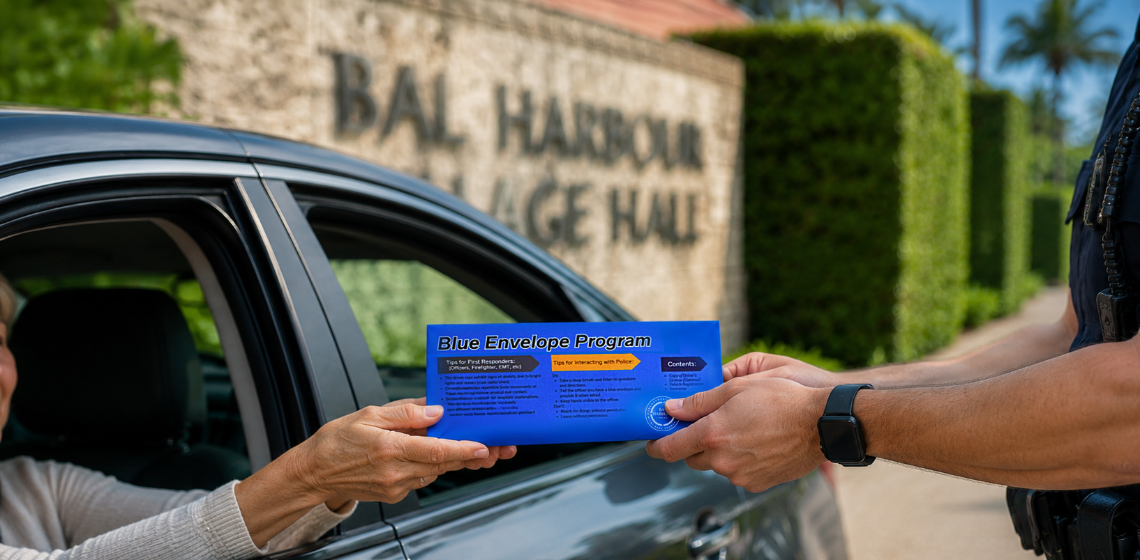 A person in a car receives a Blue Envelope Program pamphlet from a uniformed officer near a sign that reads “Bal Harbour Village Hall.”.