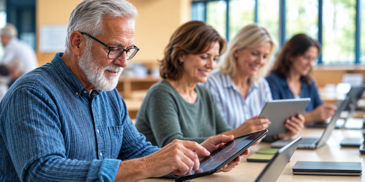 Four older adults seated at a table in a bright classroom, using tablets and laptops during a technology class.