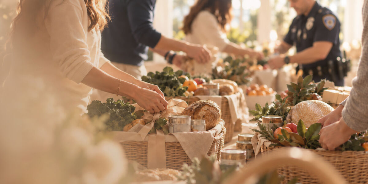 Volunteers and a police officer work together to assemble Thanksgiving food baskets filled with fresh produce, canned goods, bread, and other groceries. The warm, sunlit scene highlights community generosity, teamwork, and the spirit of giving during the holiday season.