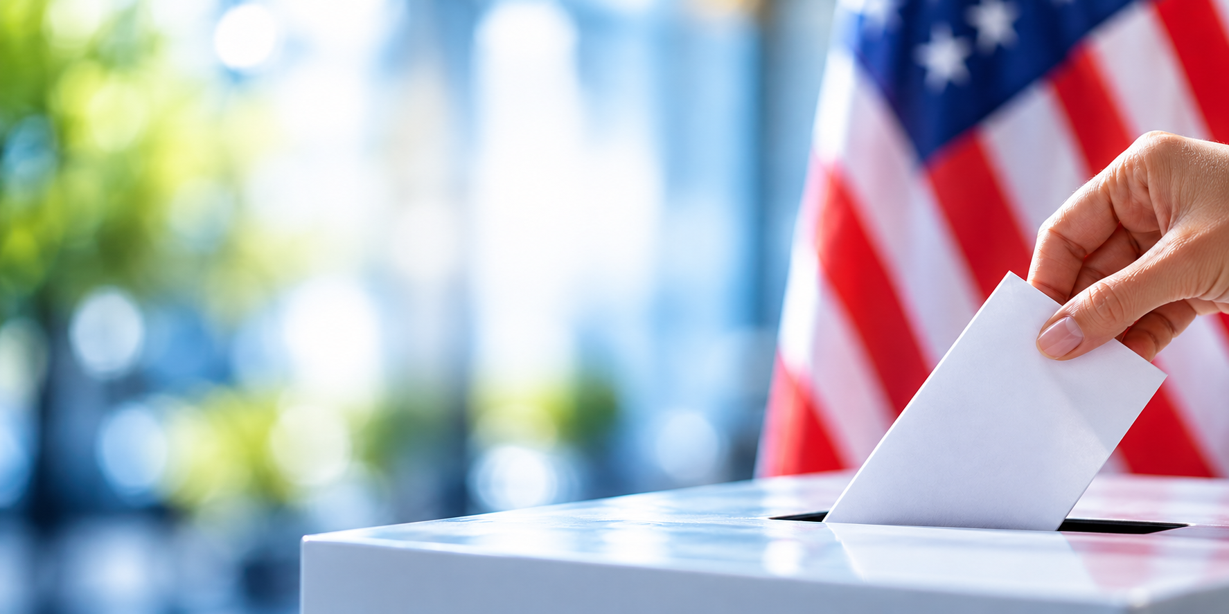 A hand placing a ballot into a white ballot box, with an American flag softly blurred in the background, representing Election Day and early voting.